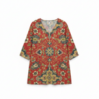 Women's printed V-neck tunic blouse, red multicolor floral, 3/4 sleeves