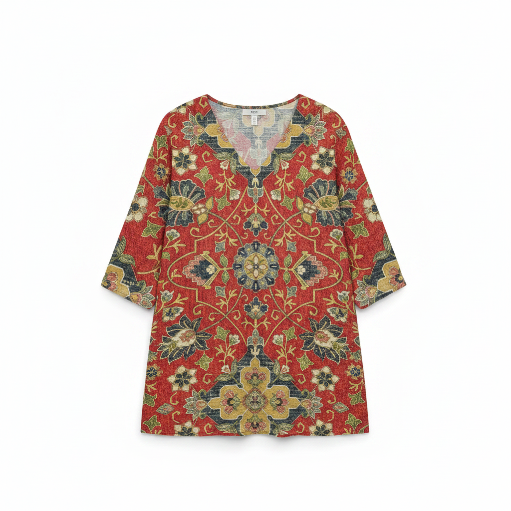 Women's printed V-neck tunic blouse, red multicolor floral, 3/4 sleeves