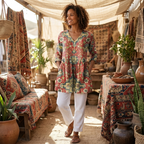Women's printed V-neck tunic blouse, red multicolor floral print, relaxed fit