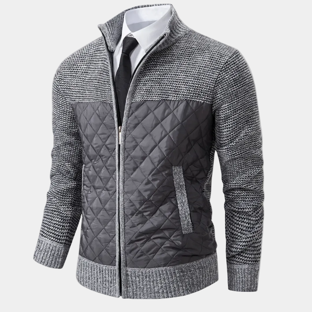 Men's wool jacket in light gray with quilted black front and zip closure