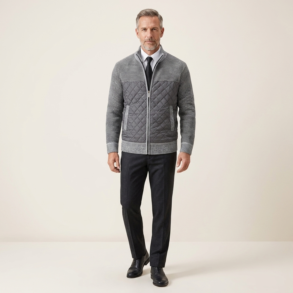 Men's wool jacket, light gray quilted front with zip, stand collar, ribbed cuffs