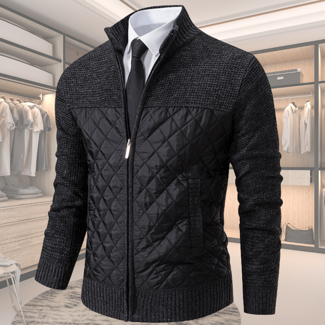 Men's wool jacket in textured black with quilted black front panel and full zip