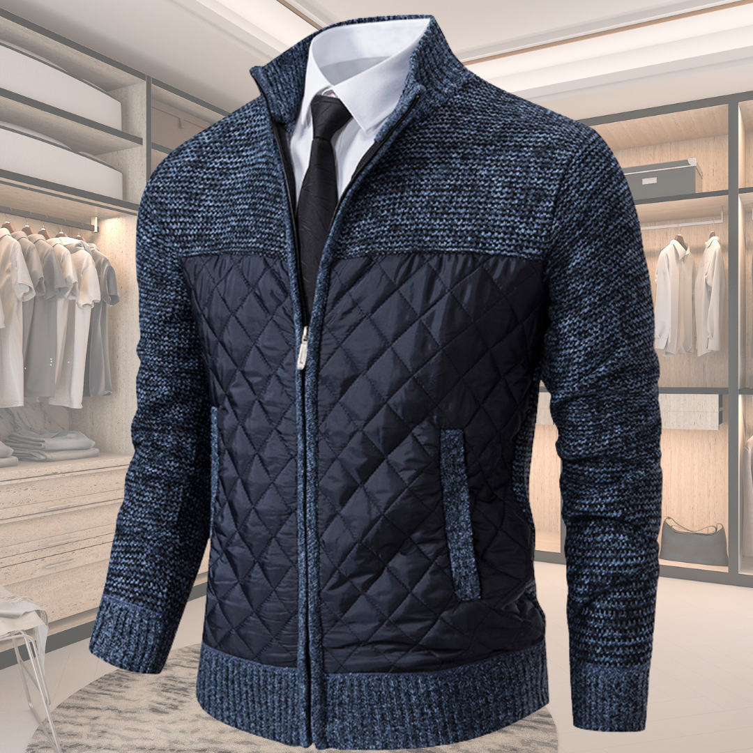 Men's wool jacket in blue heather with quilted navy front and full zip