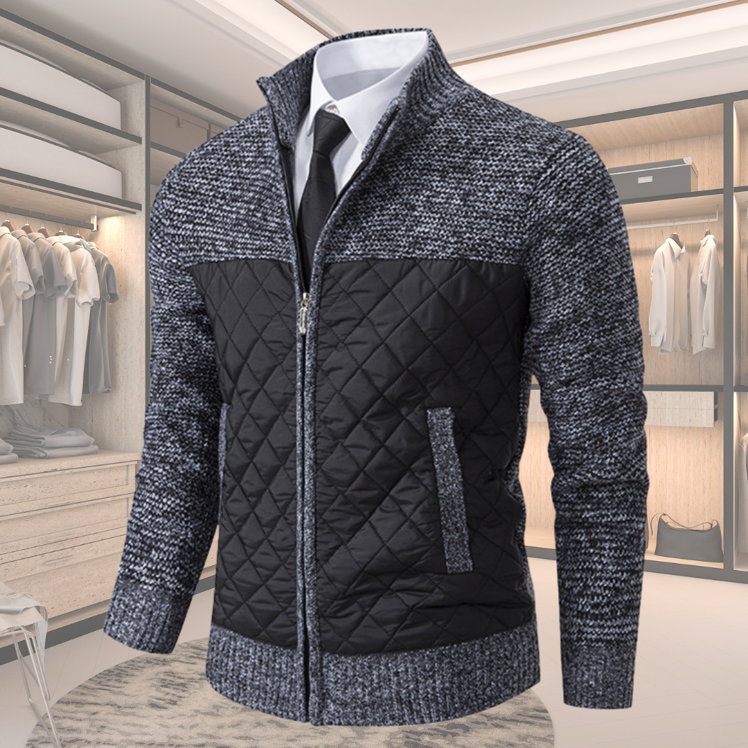 Men's wool jacket in dark gray knit with quilted black front panel and zip