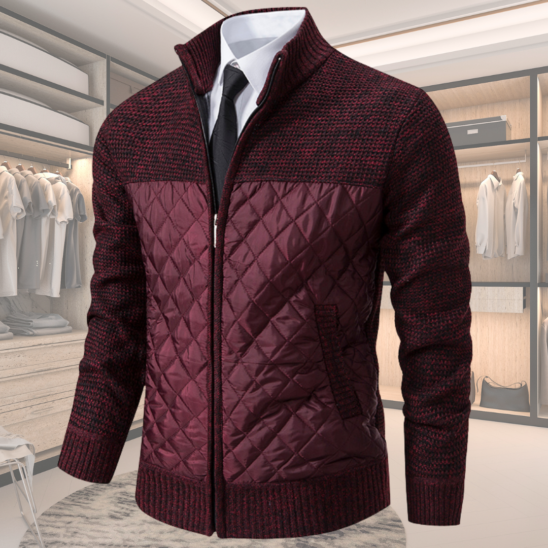 Men's wool jacket in burgundy with quilted burgundy front panel and zip