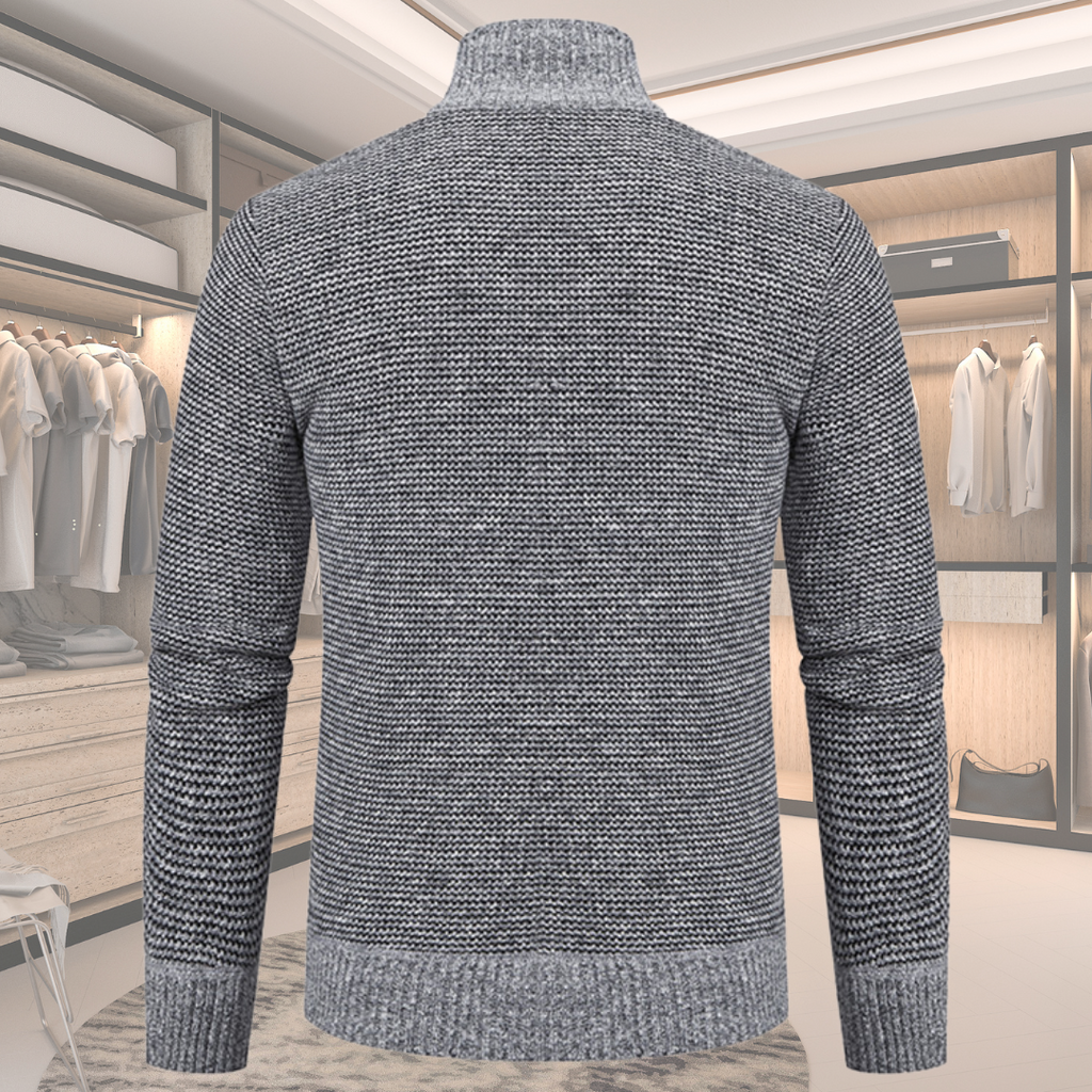 Men's wool jacket back in light gray textured knit with ribbed hem and cuffs