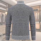 Men's wool jacket back in light gray textured knit with ribbed hem and cuffs