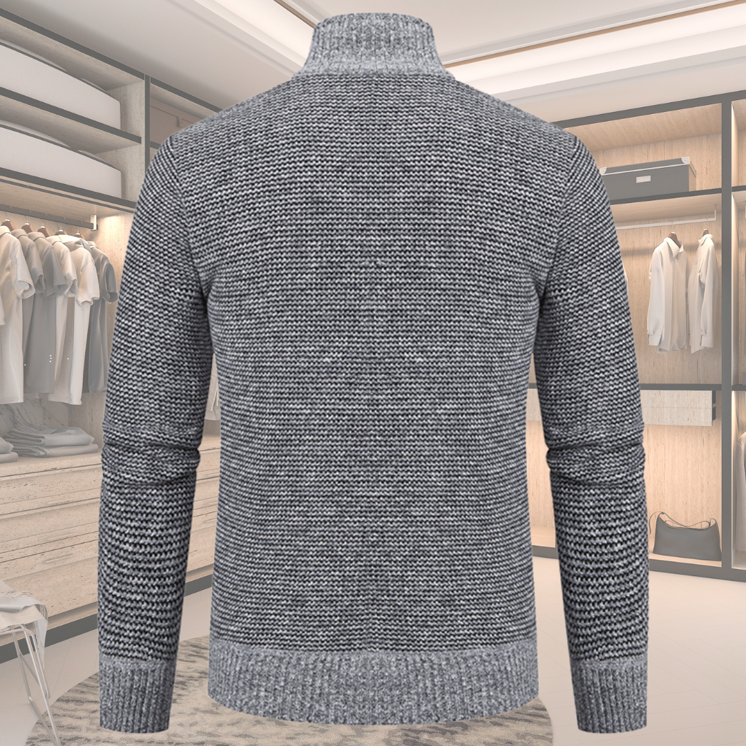 Men's wool jacket back in light gray textured knit with ribbed hem and cuffs