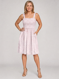 Pink floral square-neck knee-length sleeveless dress with gathered waist
