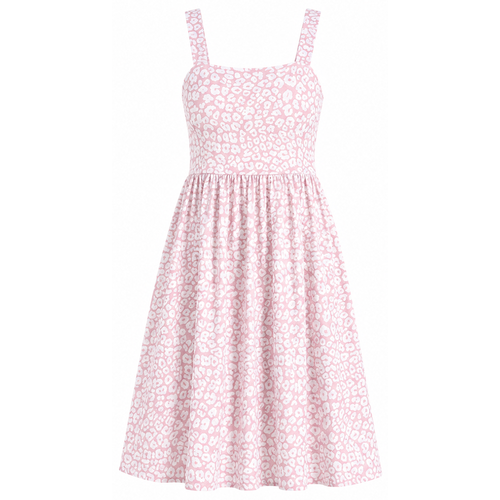 Pink floral square-neck knee-length sleeveless dress, front view
