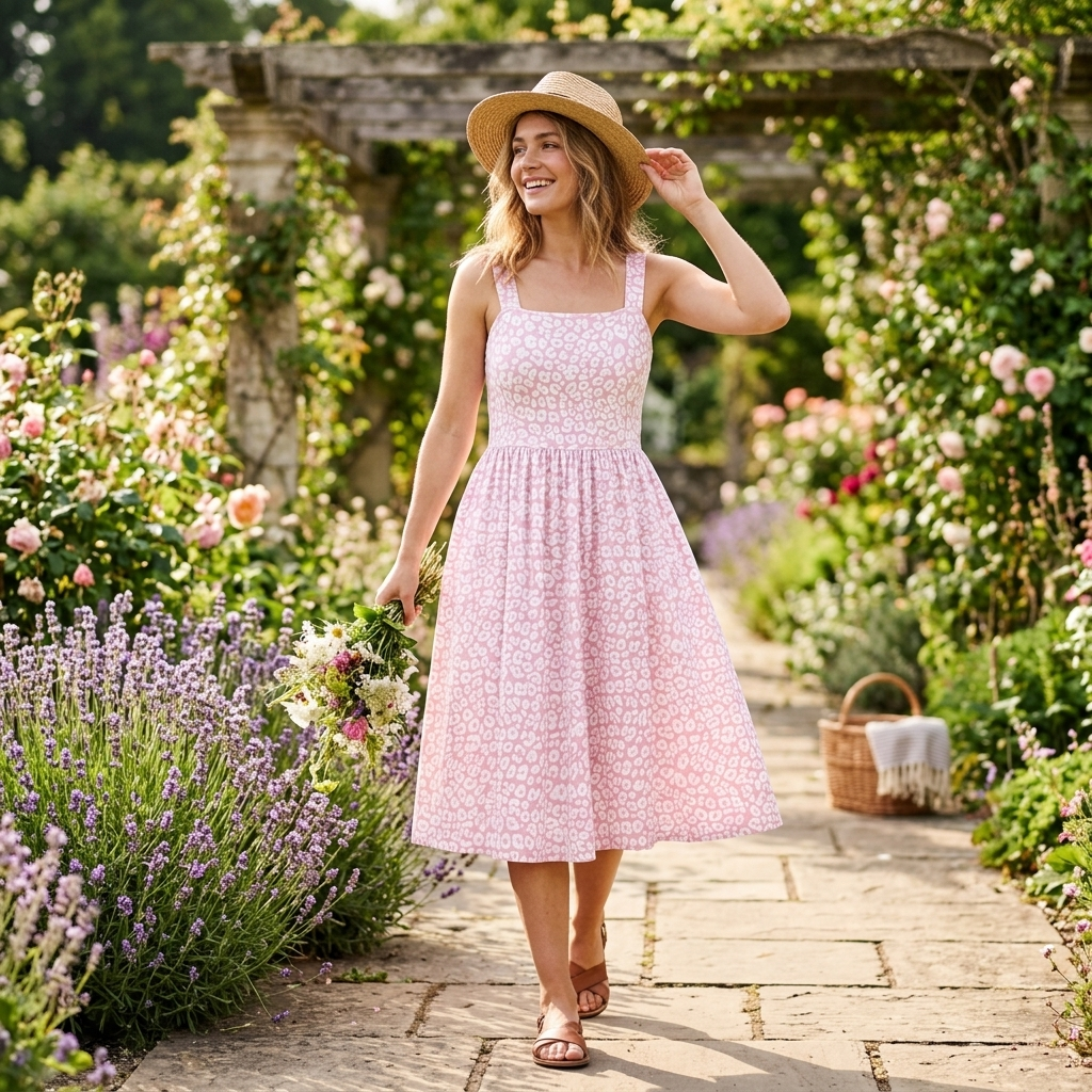 Pink floral print knee-length dress with square neck, wide straps and gathered skirt