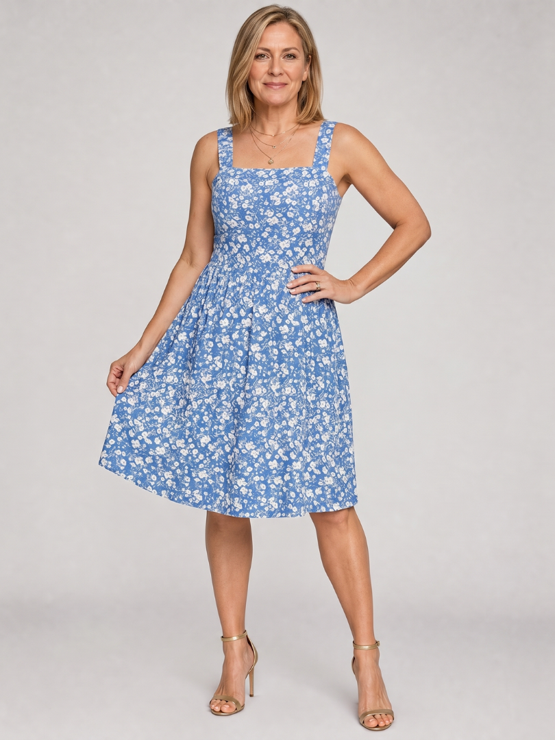 Sky blue floral square-neck knee-length sleeveless dress with gathered skirt