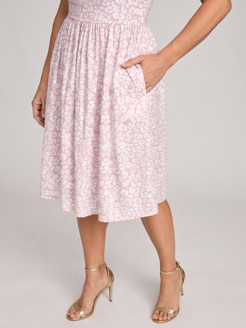 Pink floral square-neck knee-length dress, gathered skirt detail