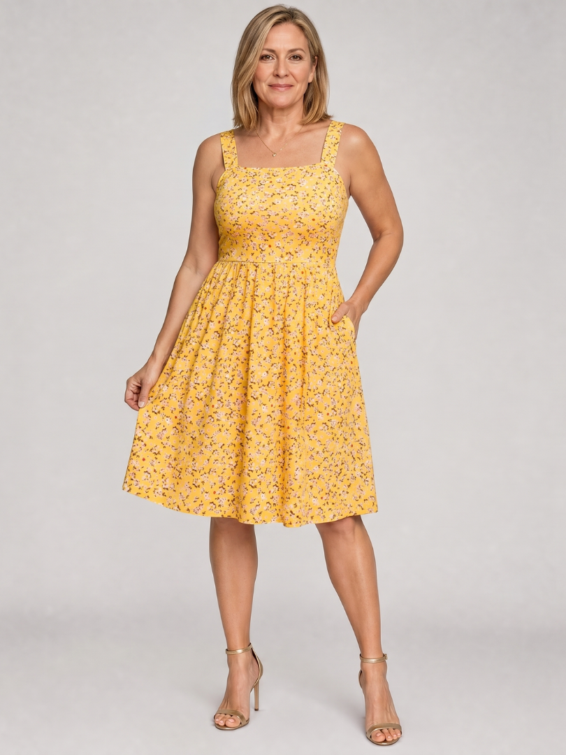 Yellow floral square-neck knee-length sleeveless dress with gathered waist