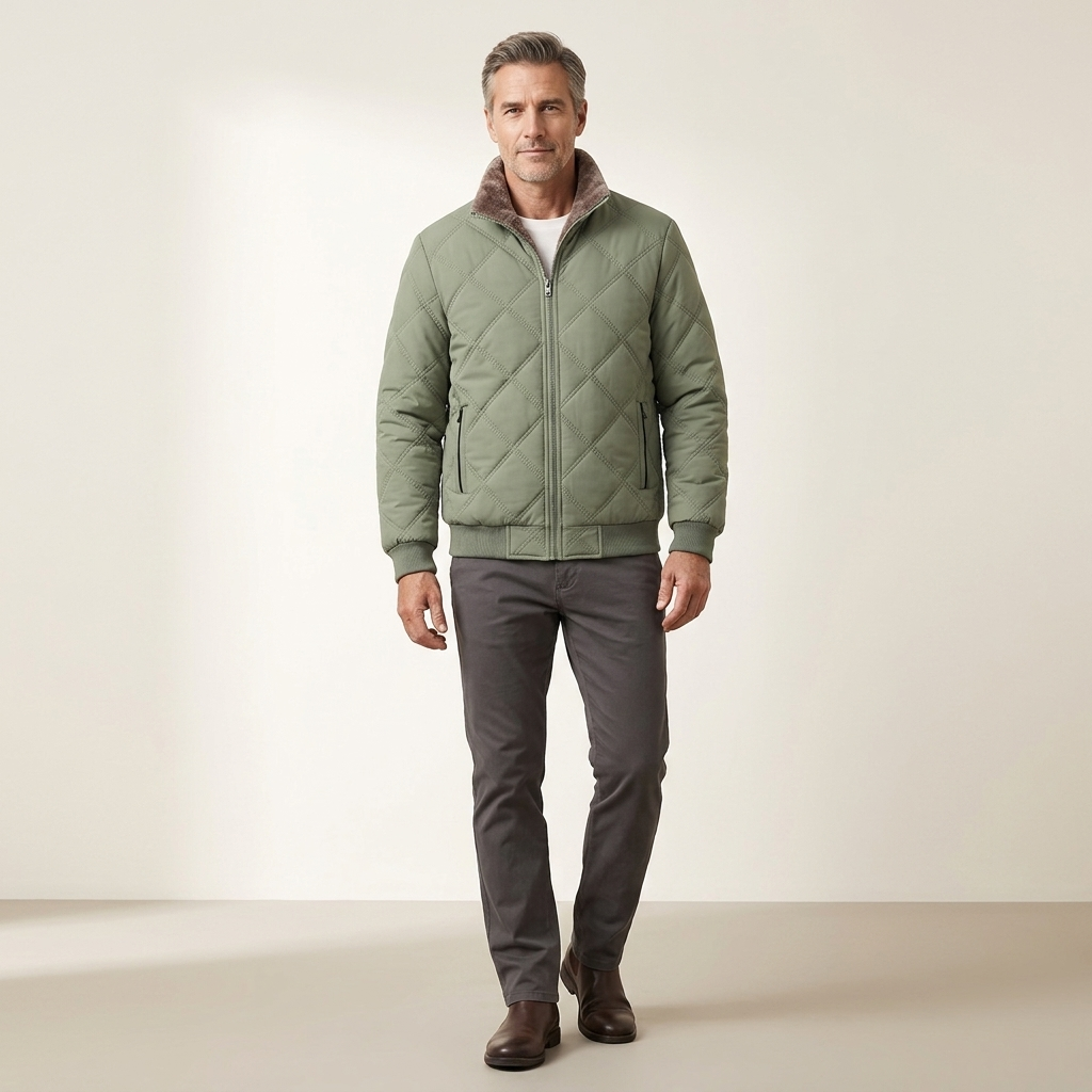 Men's green quilted jacket, full zip with stand collar, diamond stitching
