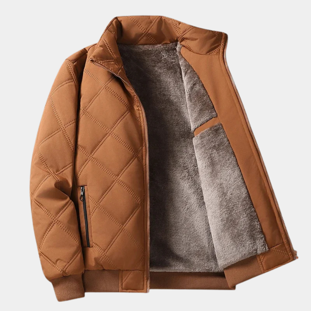 Orange quilted jacket with front zipper and brown sherpa lining, ribbed cuffs