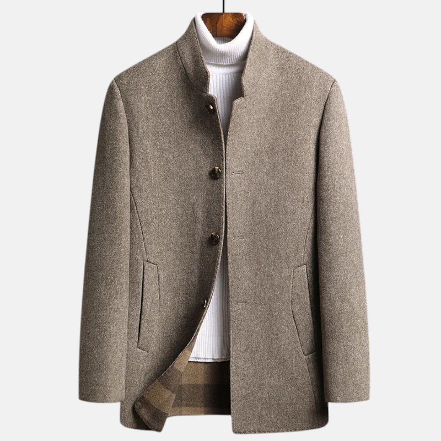 Men's winter jacket in brown heather with button front, notch collar, and side pockets