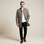 Men's waterproof winter jacket, slim-fit brown with button front and stand collar