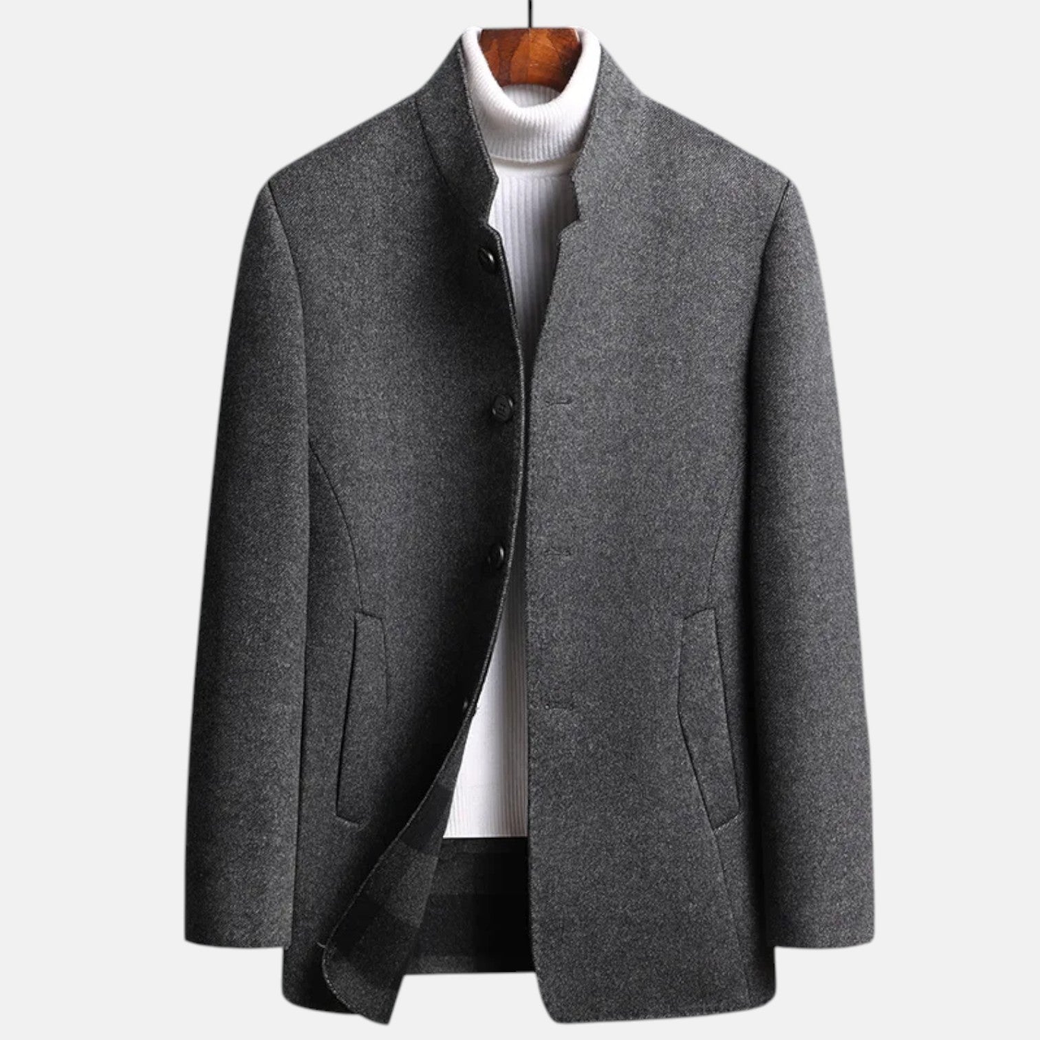 Men's winter jacket in dark gray heather with button front, notch collar, and flap pockets