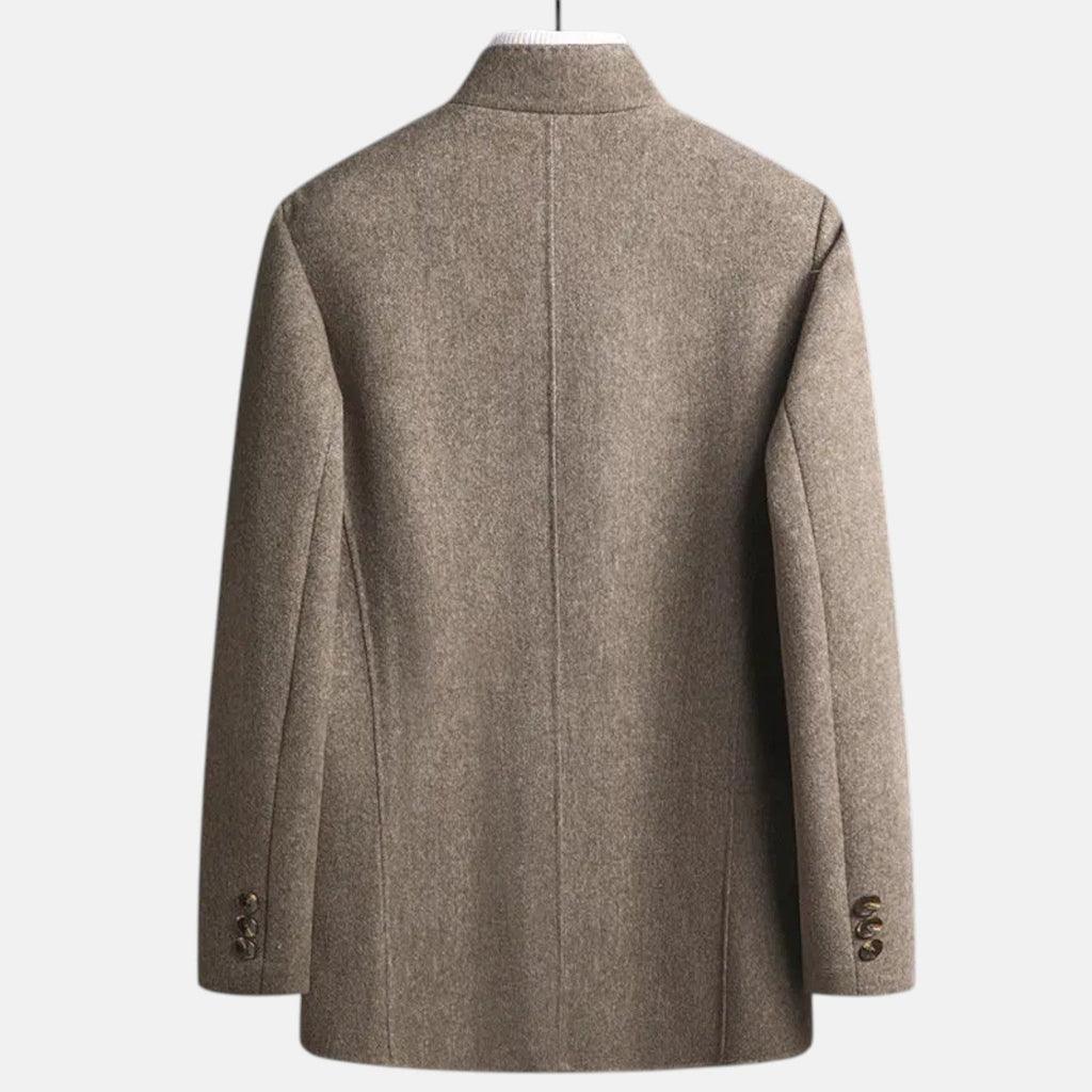 Men's winter jacket in brown heather, back view, center seam, long sleeves, stand collar