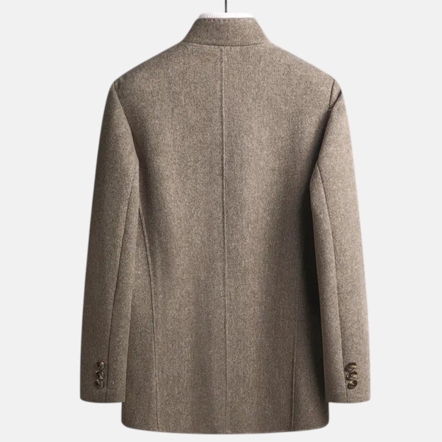 Men's winter jacket in brown heather, back view, center seam, long sleeves, stand collar