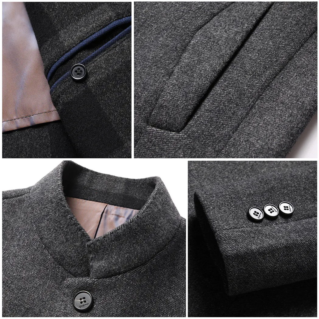 Gray winter jacket detail: button placket, faux pocket flap, and textured fabric