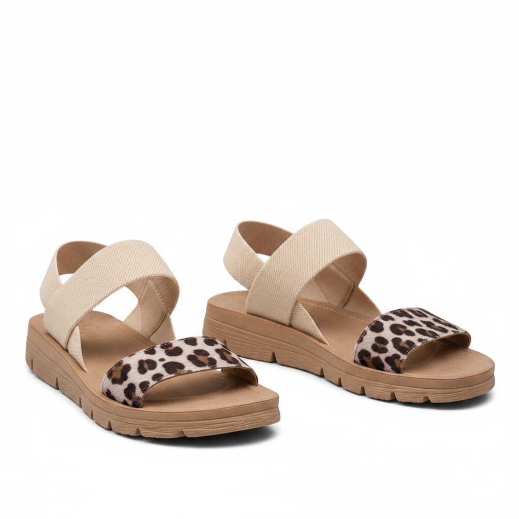 Beige flat sandals with cross strap, leopard print toe band and open toes