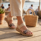 Women’s leopard print open-toe cross-strap flat sandals with tan straps