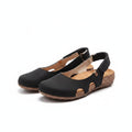 Lia orthopedic sandals, black suede upper with cutout ankle strap and cushioned sole