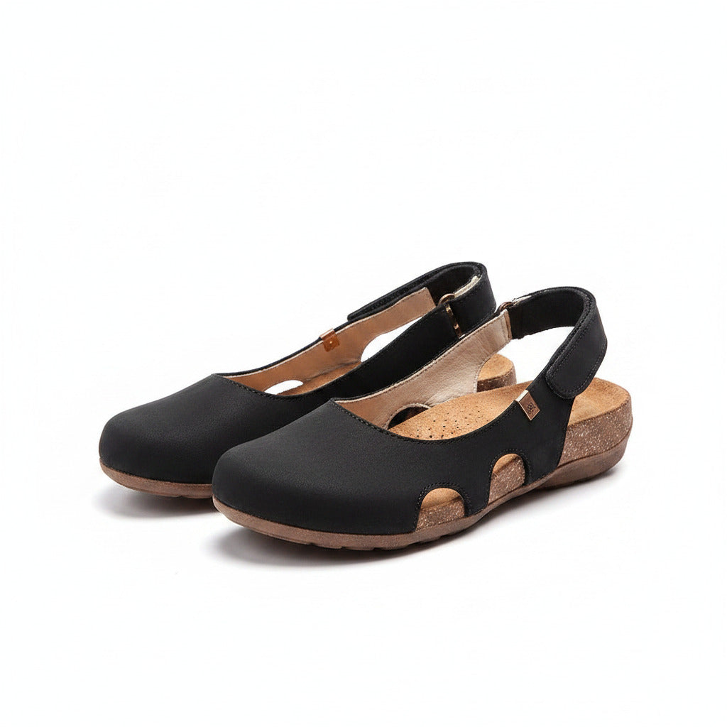 Lia orthopedic sandals, black suede upper with cutout ankle strap and cushioned sole