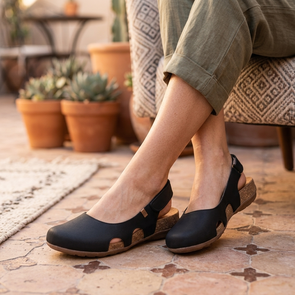 Black slip-on sandals with cushioned supportive footbed for everyday comfort