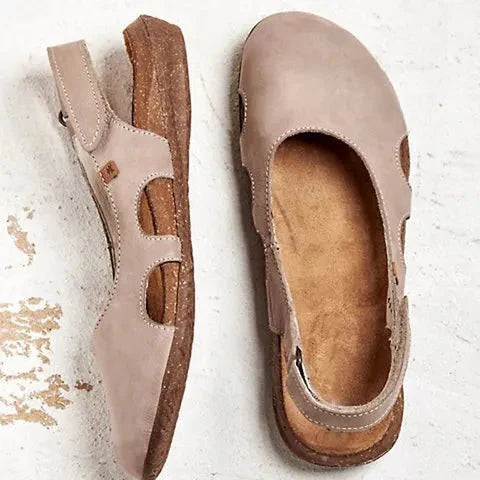 Lia orthopedic sandals, taupe suede with cutout side panels and cushioned sole