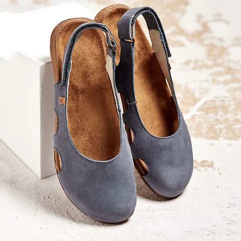 Lia orthopedic sandals, navy/blue suede with tan lining and textured cork sole