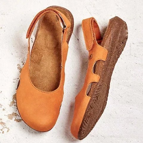 Lia orthopedic sandals, orange suede with cutout straps and textured cushioned sole