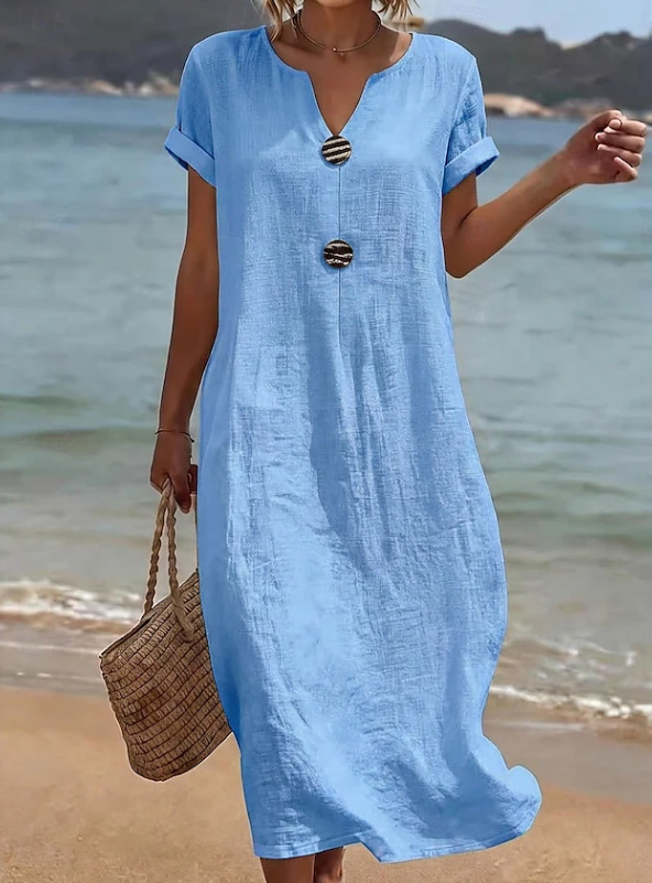 Light blue button-front maxi dress with short sleeves and relaxed fit, round neckline
