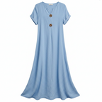 Light blue button-front maxi dress, short sleeves, round neckline, button placket