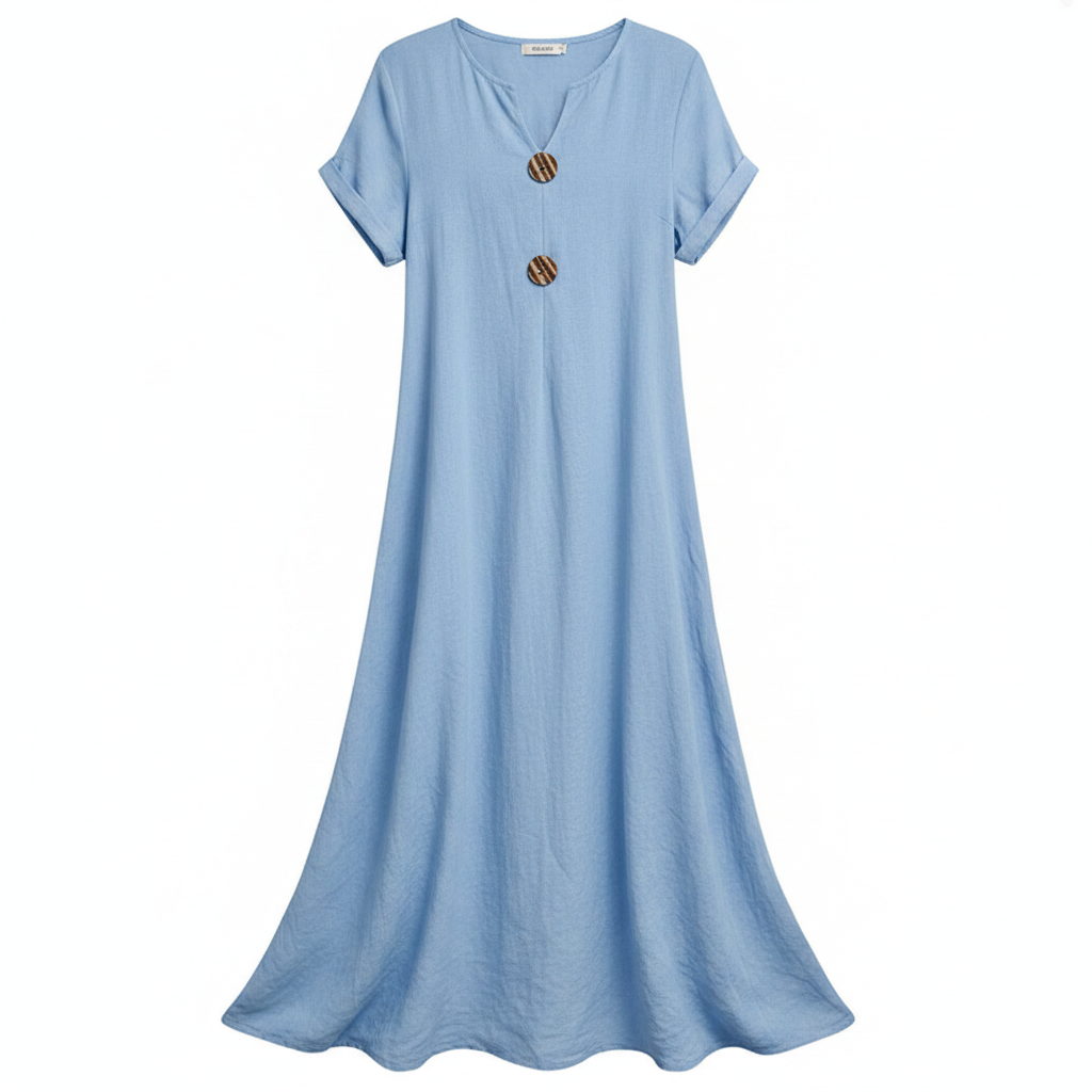 Light blue button-front maxi dress, short sleeves, round neckline, button placket