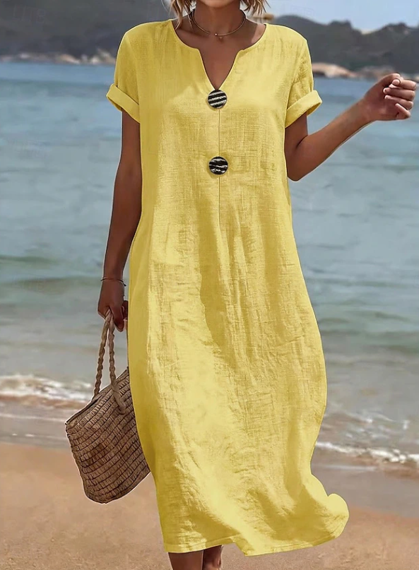 Yellow button-front maxi dress with short sleeves and relaxed fit, round neckline