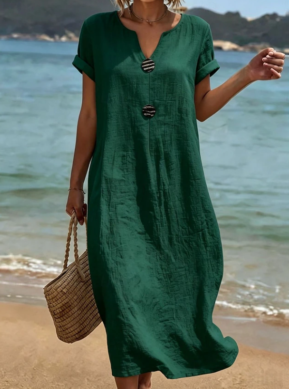 Green button-front maxi dress with short sleeves and relaxed fit, round neckline