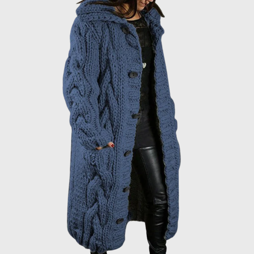 Blue cable-knit long coat with button front and chunky cable texture