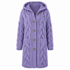 Lavender hooded cable-knit coat with gold button front and longline hem