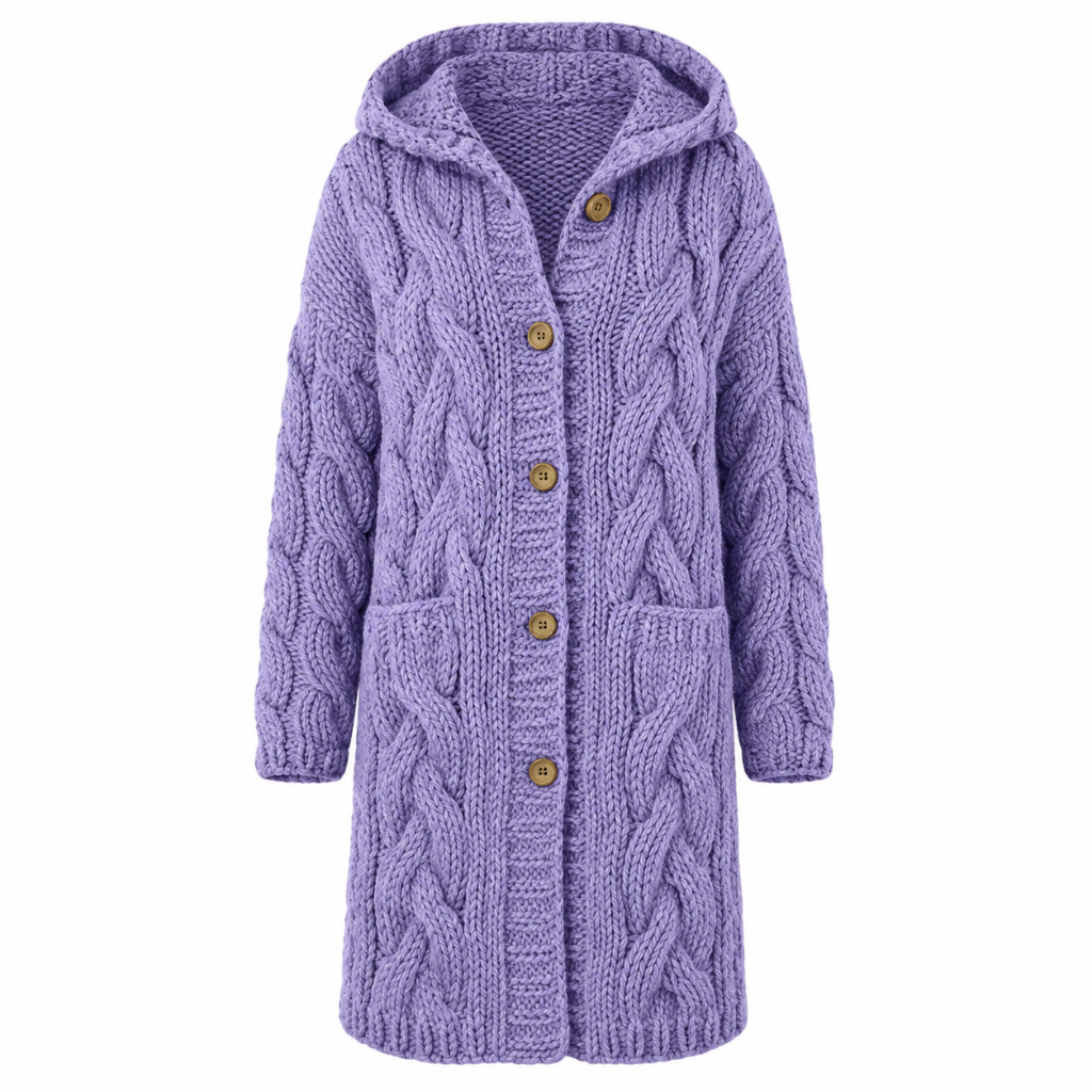 Lavender hooded cable-knit coat with gold button front and longline hem