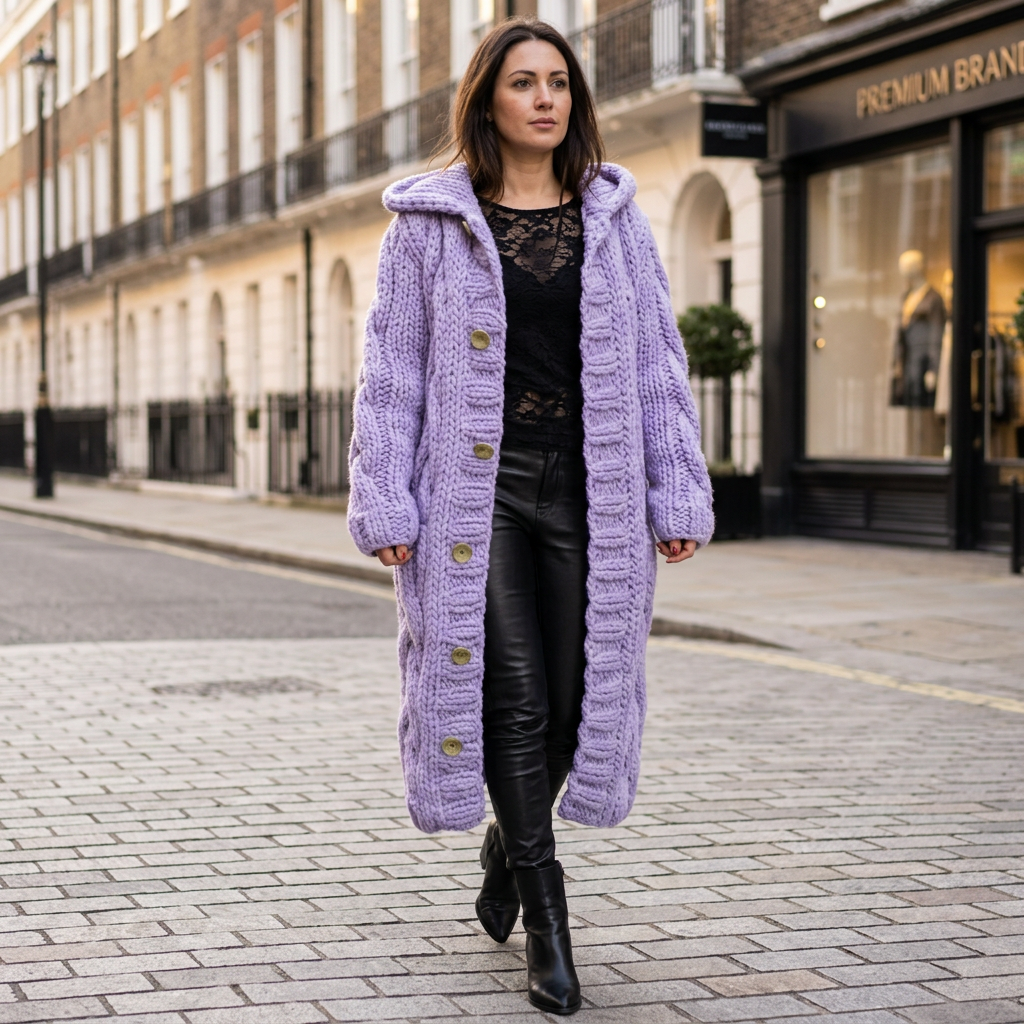 Lavender hooded cable-knit longline coat with button front, oversized fit