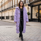 Lavender hooded cable-knit longline coat with button front, oversized fit