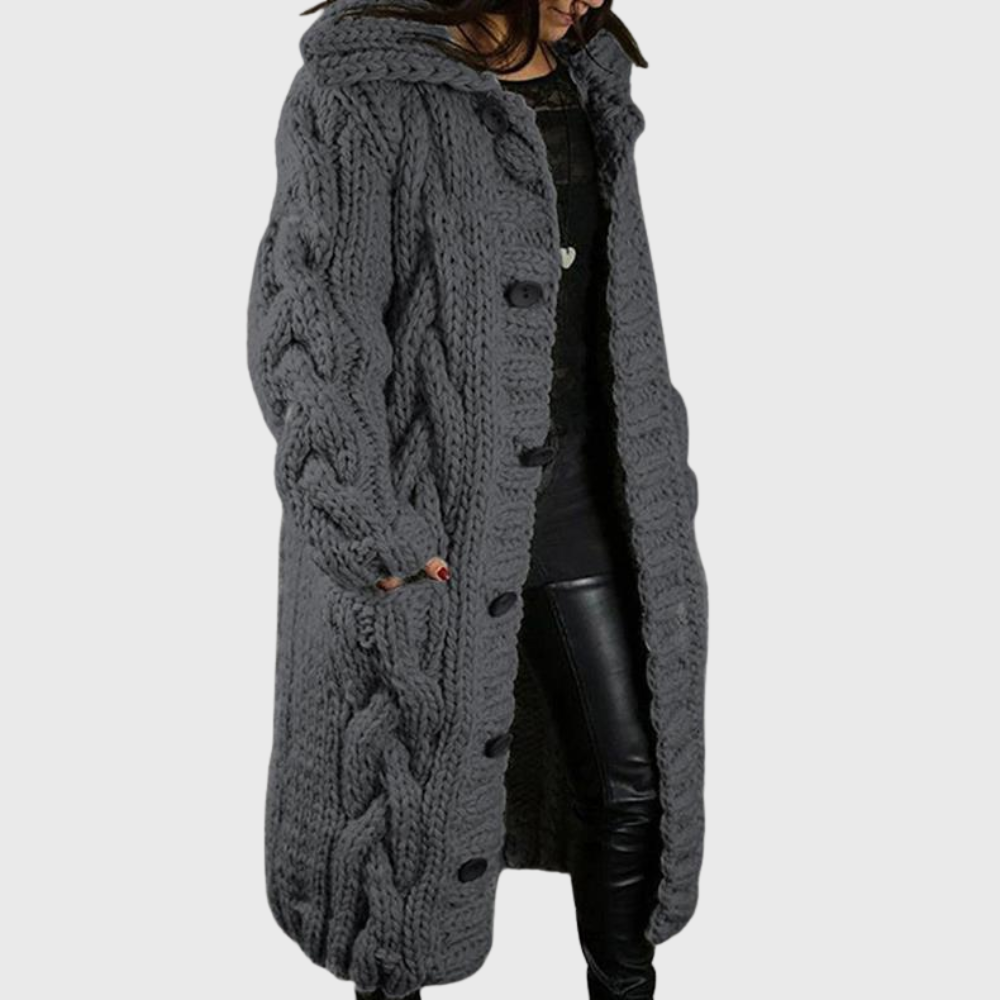 Dark grey cable-knit long coat with button front and chunky cable texture