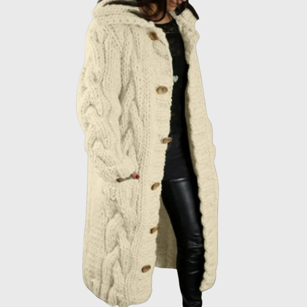 Beige cable-knit long coat with button front and chunky cable texture