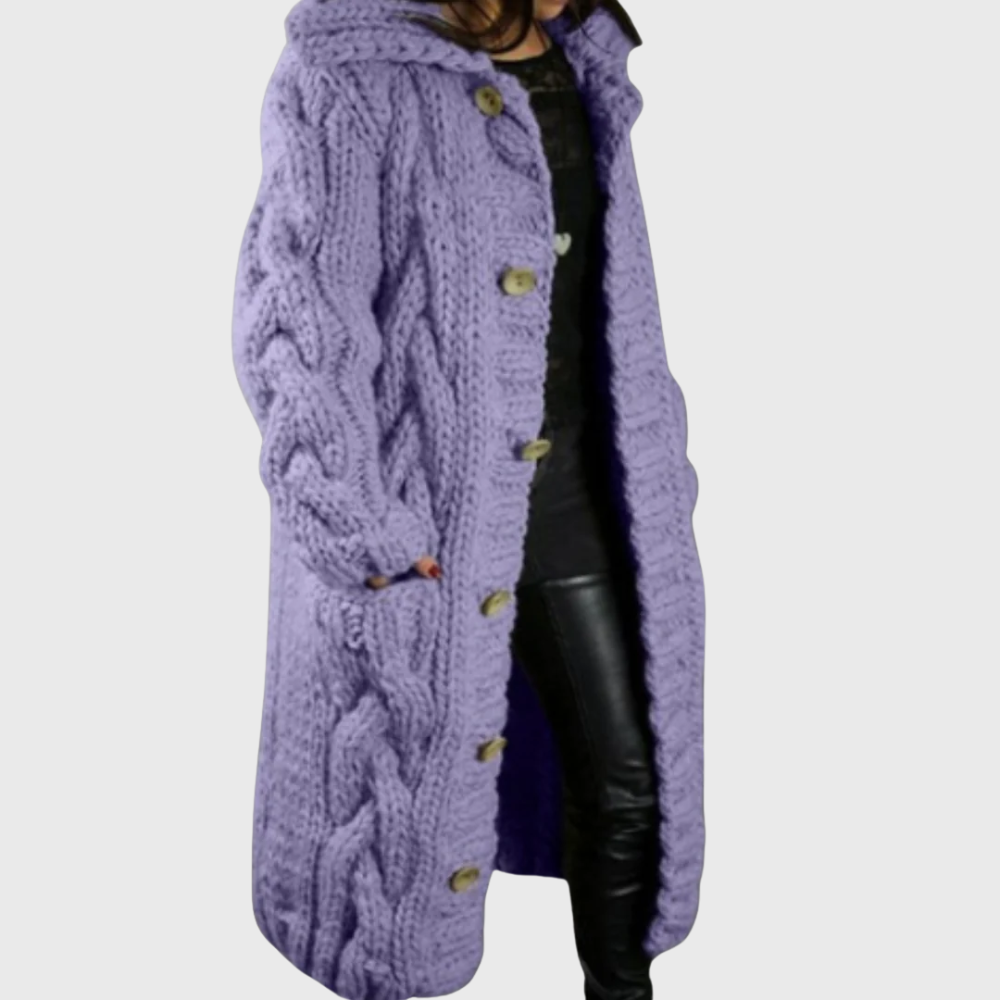 Lilac cable-knit long coat with button front and chunky cable texture