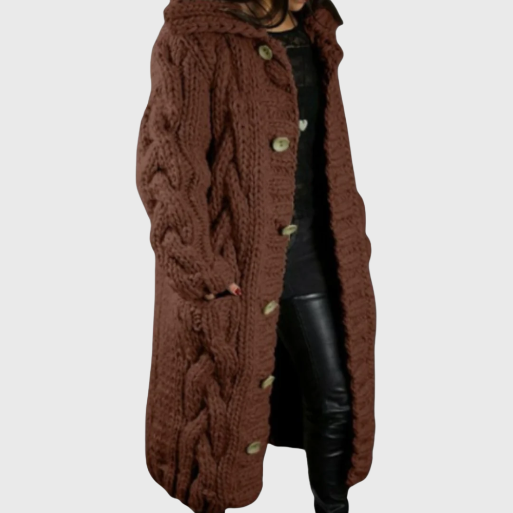 Brown cable-knit long coat with button front and chunky cable texture