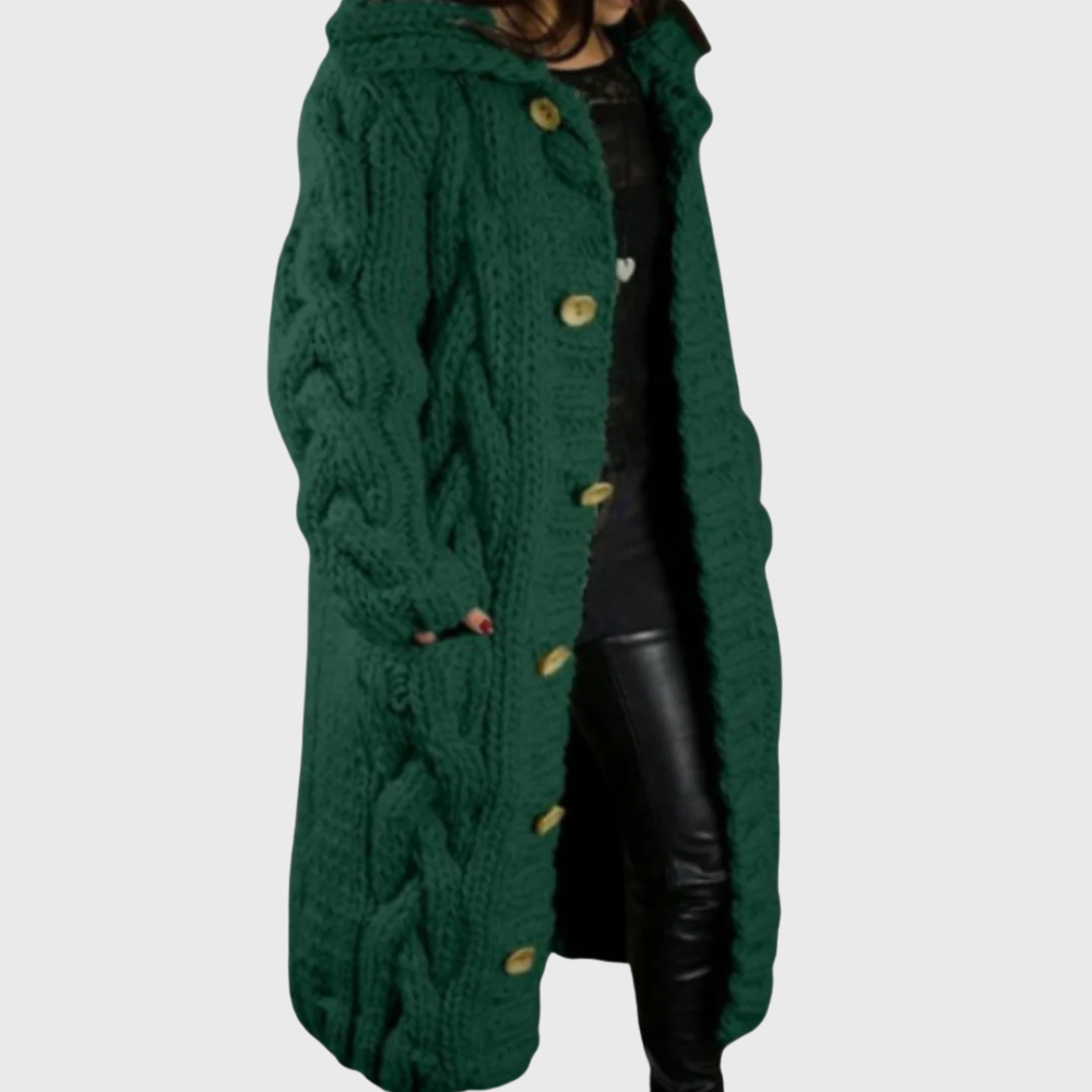 Green cable-knit long coat with button front and chunky cable texture