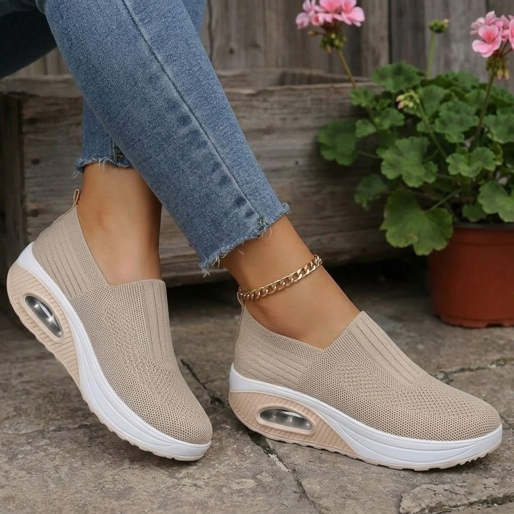 Beige lightweight breathable walking trainers, mesh knit slip-on with white platform sole